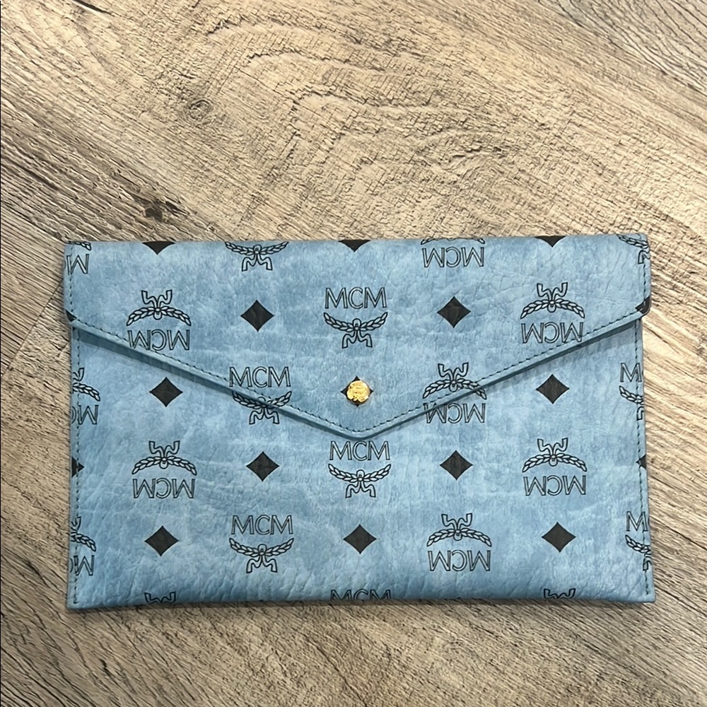 MCM Sky Blue Monogram Envelope Clutch
